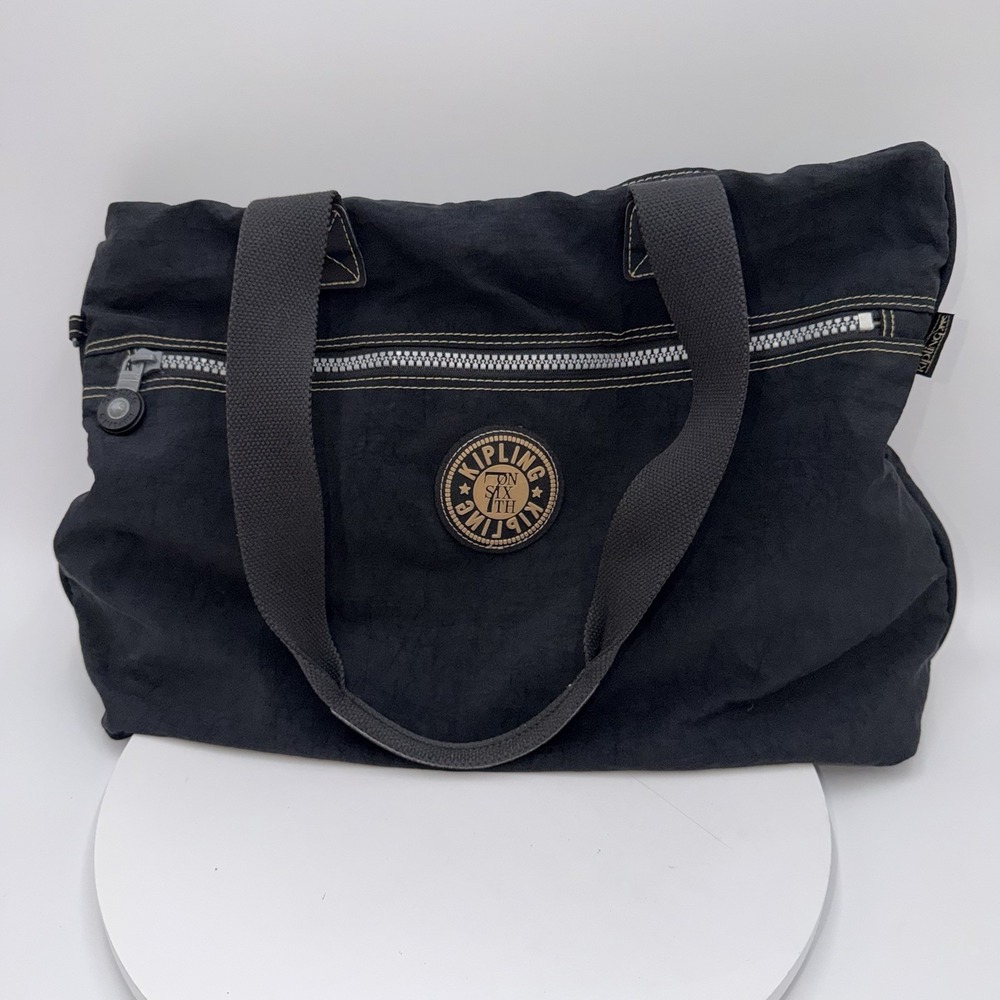 Kipling Black Nylon X LG Tote Shoulder Straps Bag Zip Travel Logo Patch 20 X 15